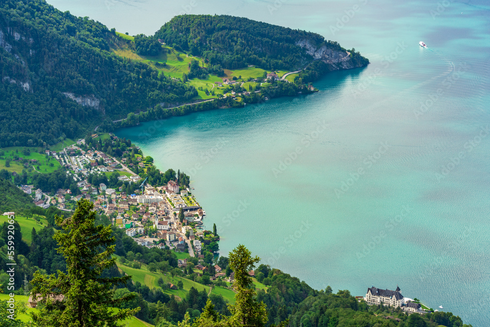 Switzerland 2022, Beautiful view of the Alps from Rigi Kulm. Vitznau and lake Luzern.