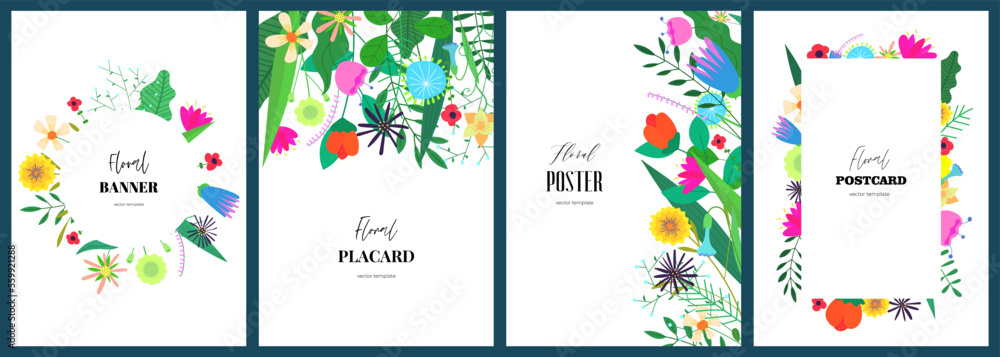 Poster templates with abstract drawing flowers. Floral art hand drawn placard set. Botanical elements on spring holiday cover collection. Banners with summer blooms. Herbal plants postcard eps design