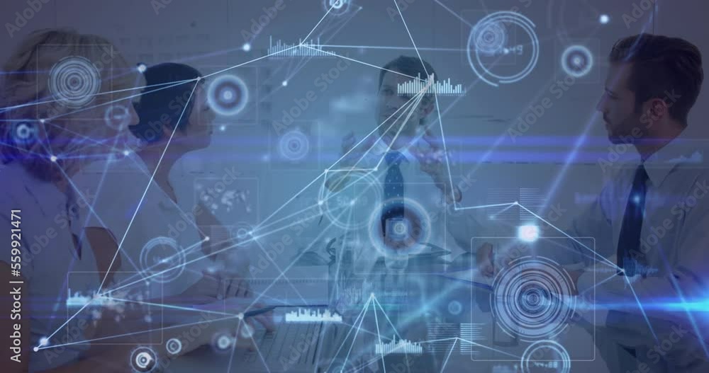 Animation of connected dots, loading circles, graphs over diverse coworkers sharing ideas in meeting Animation of connected dots, loading circles, graphs over diverse coworkers sharing ideas in meeting