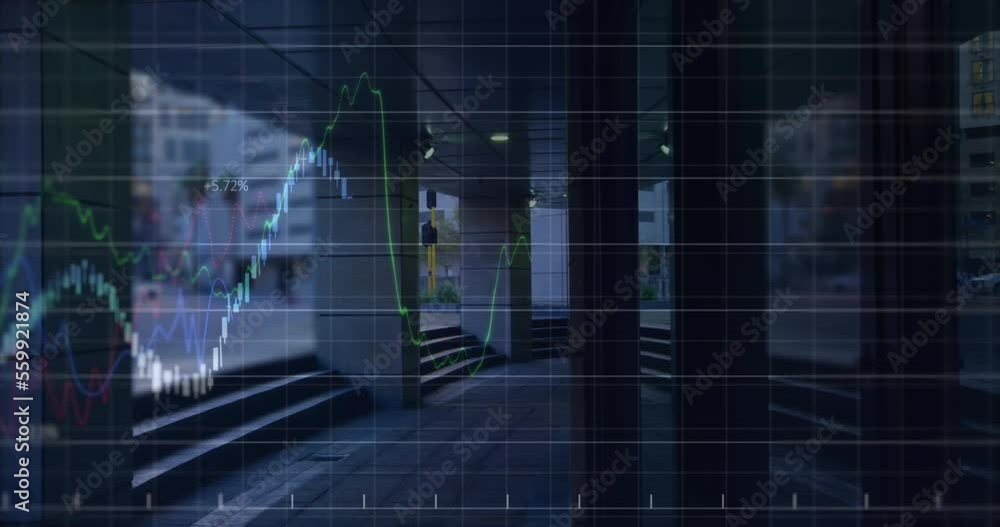 Animation of financial data processing over cityscape Animation of financial data processing over cityscape