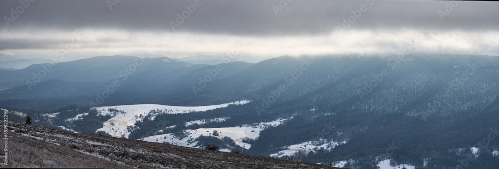 Winter landscape in Bieszczady. Bieszczady mountains in winter. Winter mountains landscape.