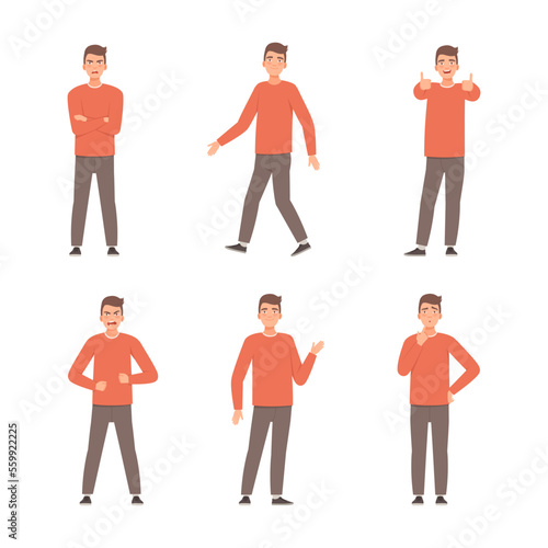 Full length of young man expressing positive and negative emotions and gesturing set cartoon vector illustration