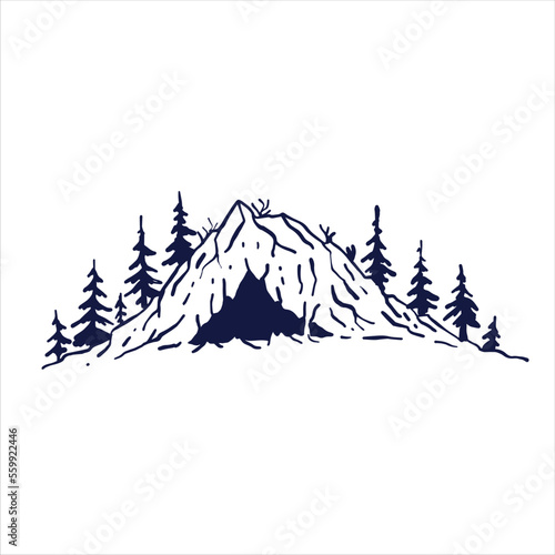 Cave in mountain in engraving style. Hand drawn cartoon illustration