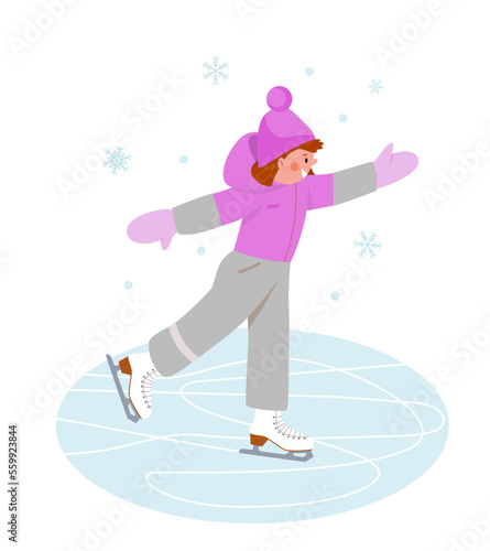 Small child is skating on rink. Baby girl in  winter pink jumpsuit is learning to skate on ice. Vector illustration on white isolated background in cartoon style.