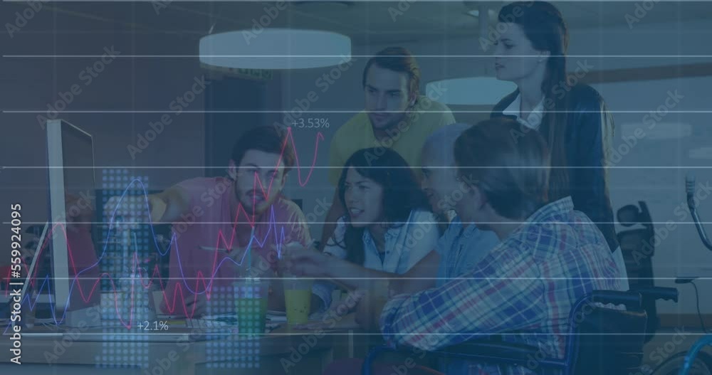 Animation of statistical data processing over team of diverse colleagues discussing at office Animation of statistical data processing over team of diverse colleagues discussing at office