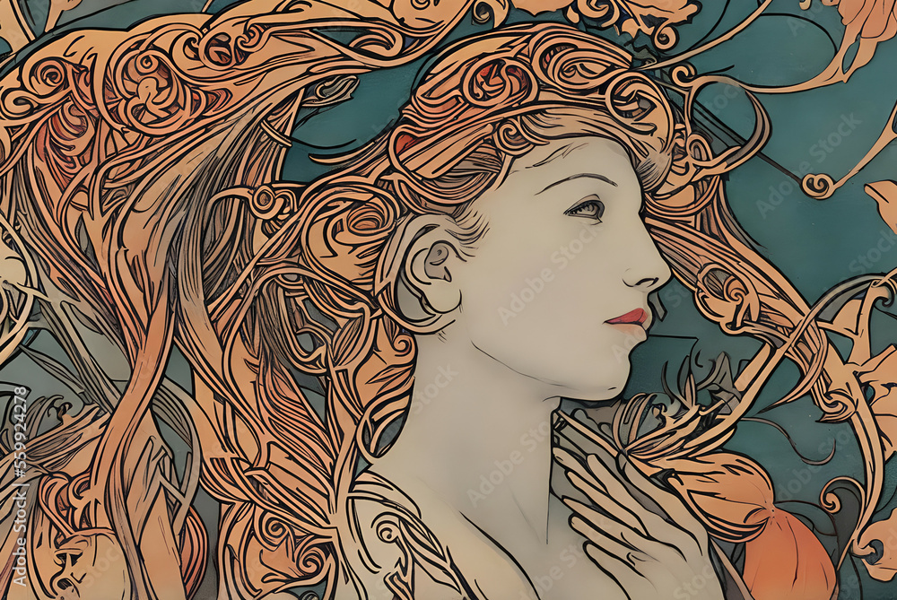 portrait of a woman in art nouveau style as decoration element for cards or banners, generative ai