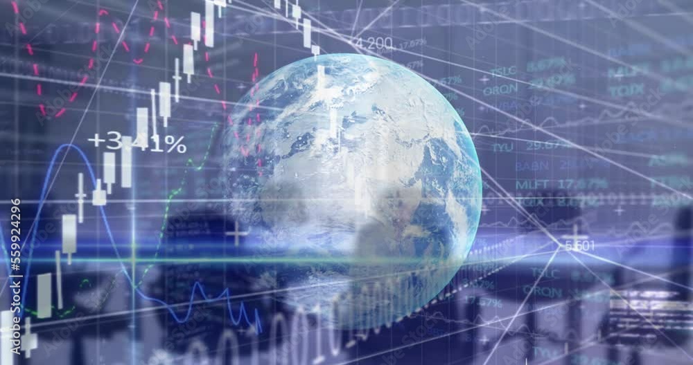 Animation of financial and stock market data processing over globe against empty office Animation of financial and stock market data processing over globe against empty office