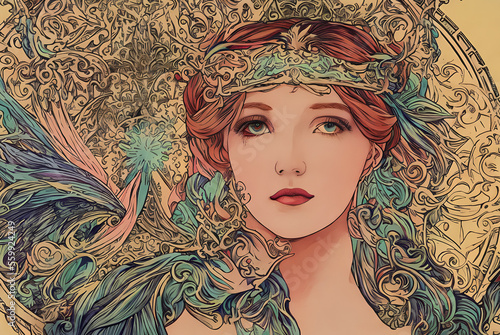portrait of a woman in art nouveau style as decoration element for cards or banners, generative ai