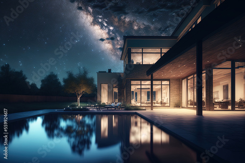 Exterior view of a contemporary luxury home with a patio and a pool against a starry night sky. Generative AI