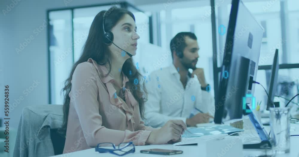 Animation of network of connections over business people wearing phone headsets Animation of network of connections over business people wearing phone headsets