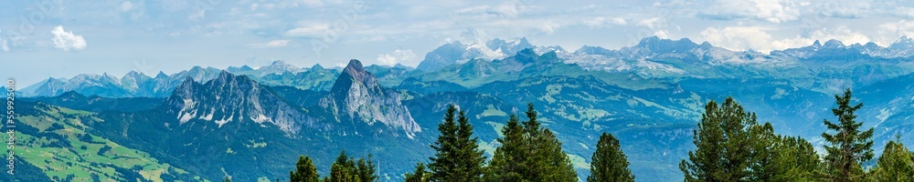 Switzerland 2022, Beautiful view of the Alps from Rigi Kulm. Mythens mountains.