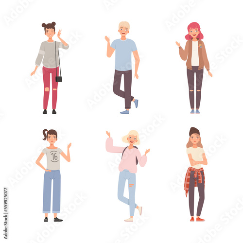 Fototapeta Naklejka Na Ścianę i Meble -  Set of cheerful teenage boys and girls in modern casual clothes waving their hands and gesturing cartoon vector illustration