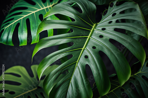 Natural, young, green leaves of the monstera deliciosa. Generative AI