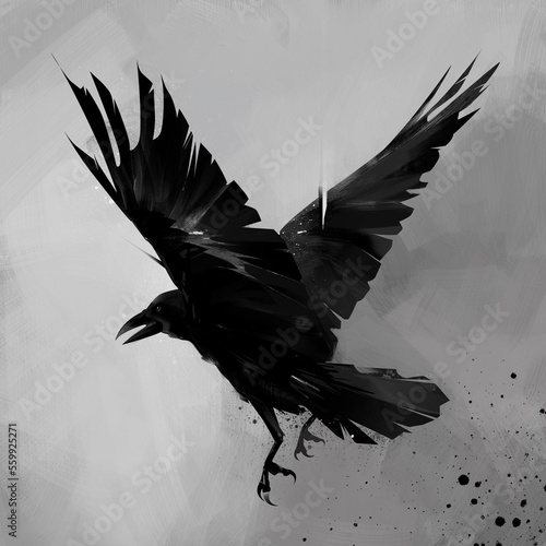 drawn flying raven. graphic designer bird