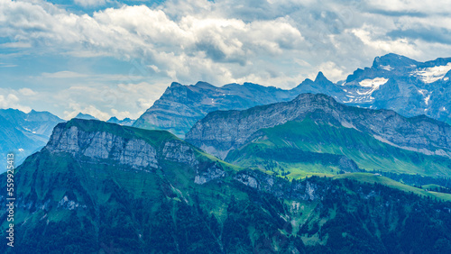 Switzerland 2022, Beautiful view of the Alps from Rigi Kulm. Niederbauen Chulm.