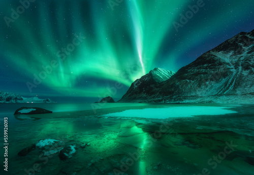 Northern lights above Vik beach at night in Lofoten islands  Norway. Beautiful aurora borealis in winter. Starry sky with polar lights. Landscape with aurora  sea coast  stones  snowy mountains. Space