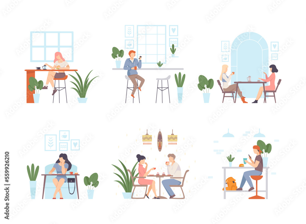 People sitting in cafe, drinking coffee and communicating set flat vector illustration
