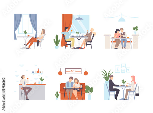 People sitting in cafe or restaurant, drinking coffee and communicating set flat vector illustration