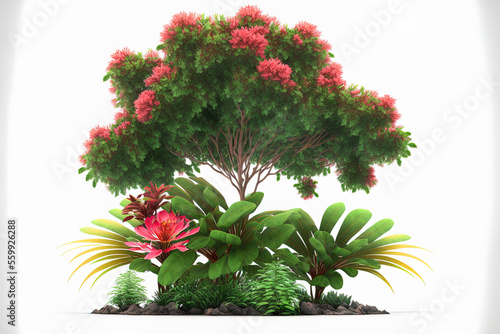 Tropical plant flower, shrub, and tree isolated with clipping path on a white backdrop. Generative AI