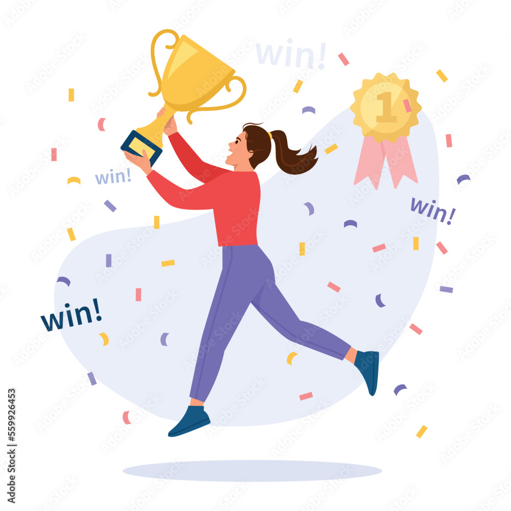 Vector illustration of victories. Cartoon scene with a girl who rejoices in winning and raises the cup for first place on white background. Happy moment. Jump for happiness.