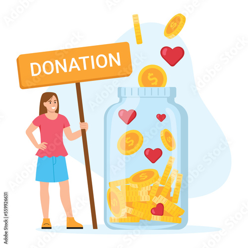 Vector illustration of donation money. Cartoon scene with a girl who collects donations and likes in a jar on white background.