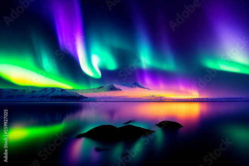 stunning scenery lake starry night and northern lights digital art background