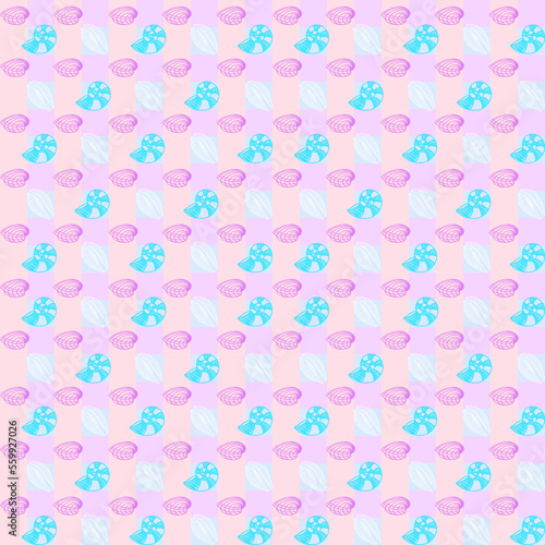 Vector illustration of seashells with multicolored checkered background