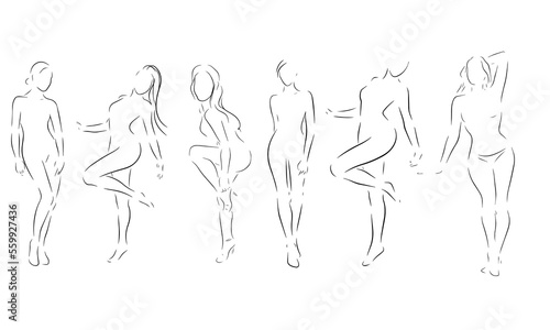 Drawn silhouette of a woman. Set of female poses. Line-drawn woman. Line art. ink. Fashion. Elegance. Isolated on a white background. Female silhouette.