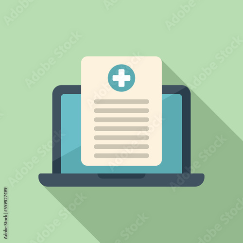 Laptop medical card icon flat vector. Patient profile. Medic care