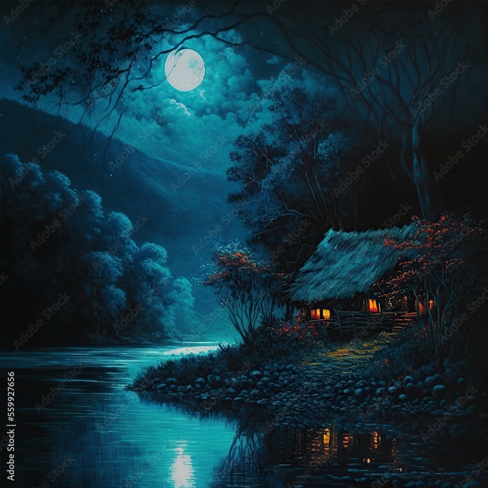 landscape of a lake, moon, mountain and rustic house in the middle of the forest, image generated by AI
