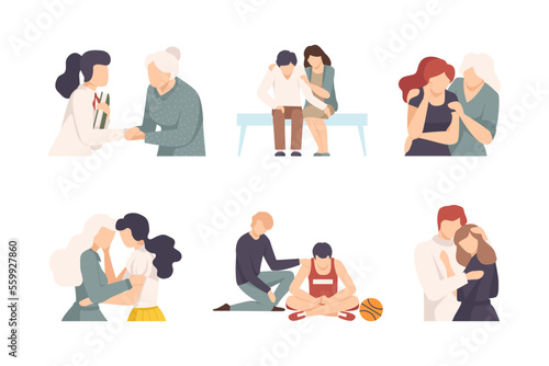 People comforting each other by hugging set. Friendship, understanding, acceptance cartoon vector illustration