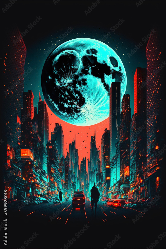 Neon Full Moon and Cityscape with Silhouetted Figure Walking in the Street Generative AI