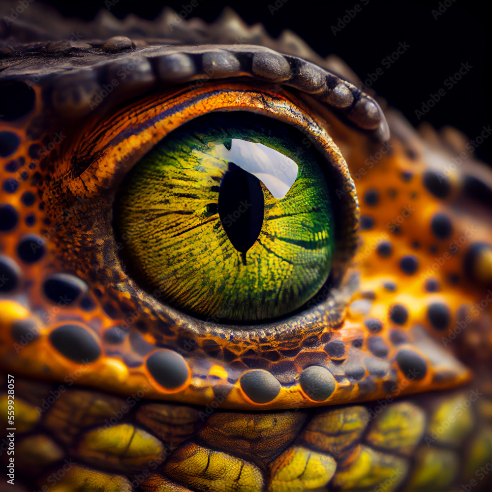 Close-up eye of fantastic reptile creature. Generative AI.