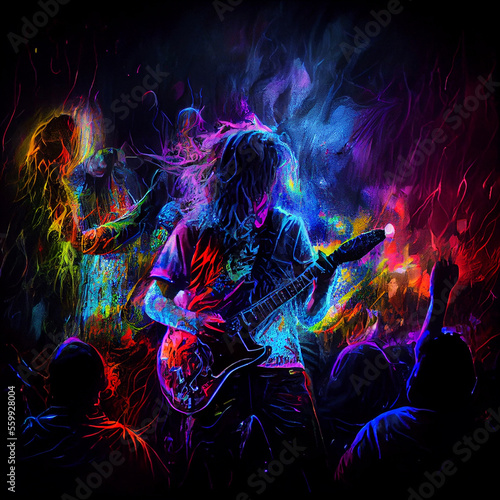 Artist with guitar playing rock concert. Generative AI. © Vjom