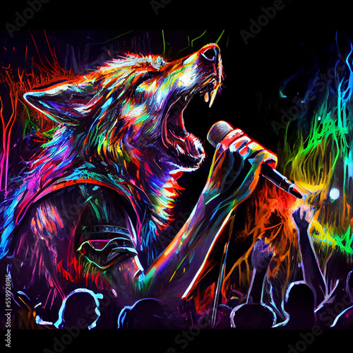Wolf singing in night club. Generative AI.