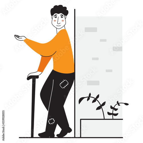 Poor man in dirty rags in hand begging.Homeless and jobless beggar male.Street beggar.The guy begs for alms.Doodle man face.Hand-drawn people.