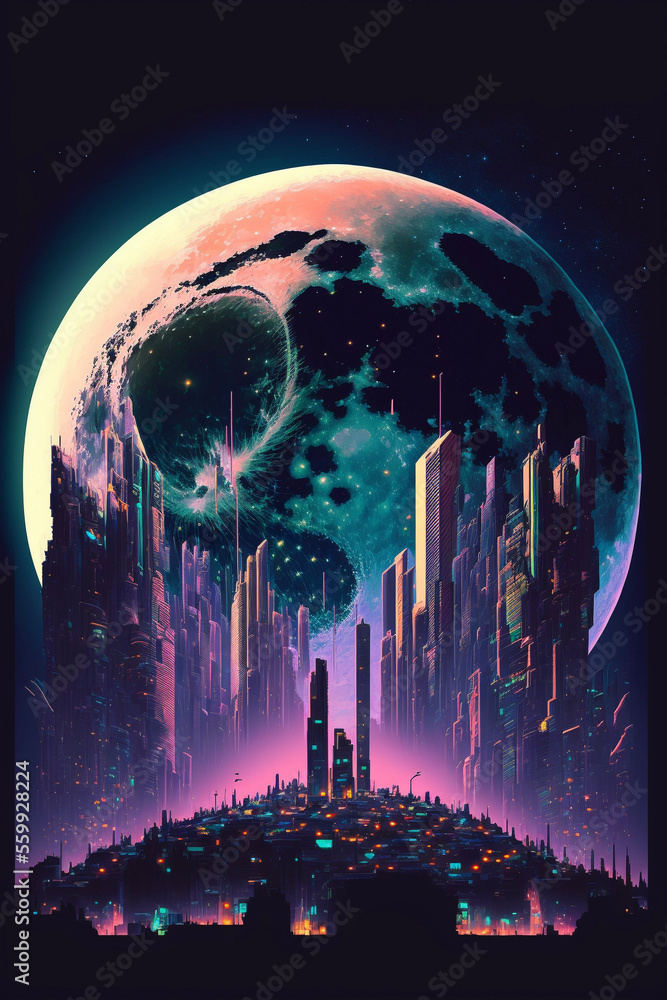 Obraz premium Neon Full Moon and Cityscape Generative AI