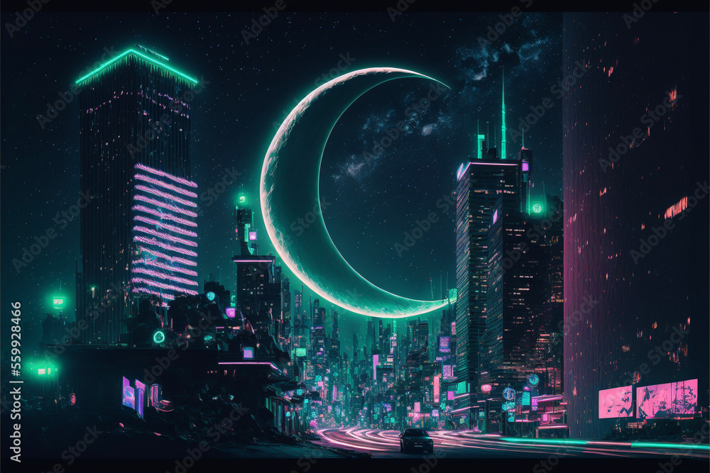 Neon Crescent Moon and Cityscape Generative AI