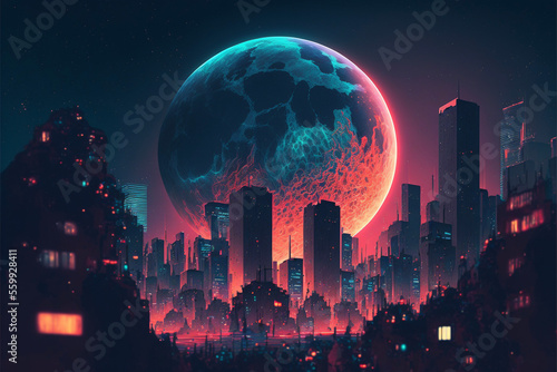 Neon Full Moon and Cityscape Generative AI