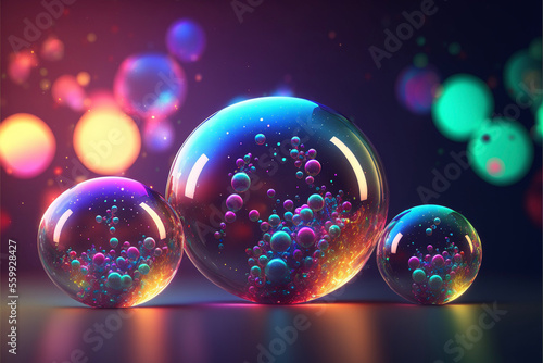 Illuminated, Coloful Glass Bubbles on a Dark Space Background Generative AI © Kelly Cree