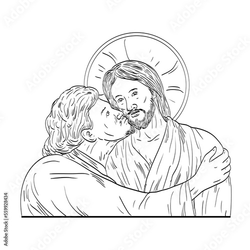 Slika na platnu Line art drawing illustration of Judas betrayal of Jesus by kissing him on cheek done in medieval style on isolated background