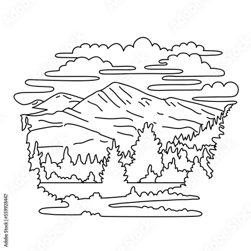 Mono line illustration of Mount Dana located within Yosemite National Park and Ansel Adams Wilderness, California, United States done in black and white monoline line drawing art style. photo