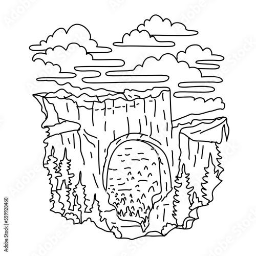 Mono line illustration of natural bridge in Bryce Canyon National Park, southwestern Utah, United States done in black and white monoline line drawing art style.
 photo