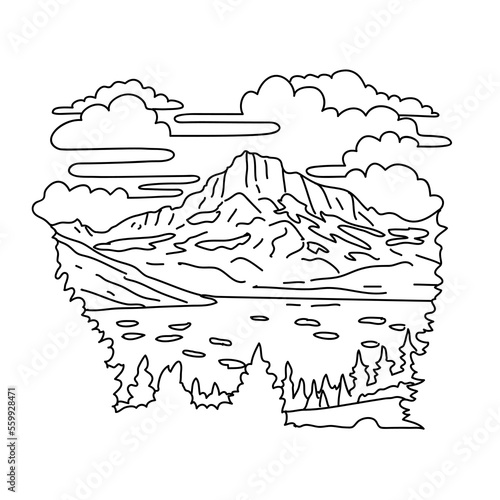 Bild auf Leinwand Mono line illustration of Thousand Island Lake in the Sierra Nevada within Ansel Adams Wilderness in Madera County, California, United States done in black and white monoline line drawing art style