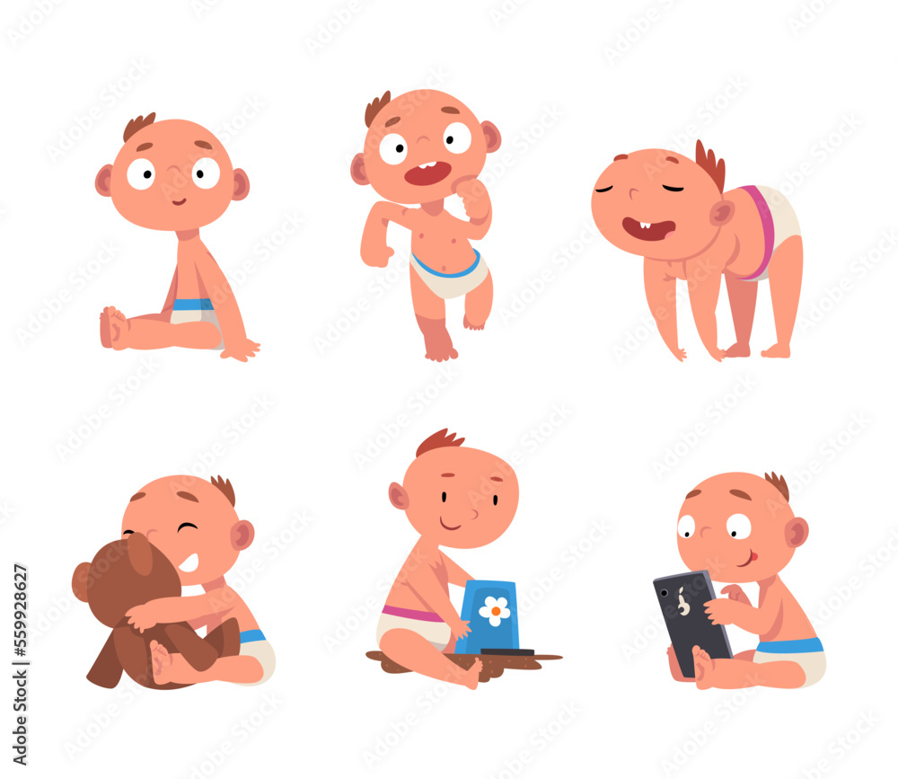 Cute little toddler baby in everyday activities set. Active baby character sitting, running, playing cartoon vector illustration
