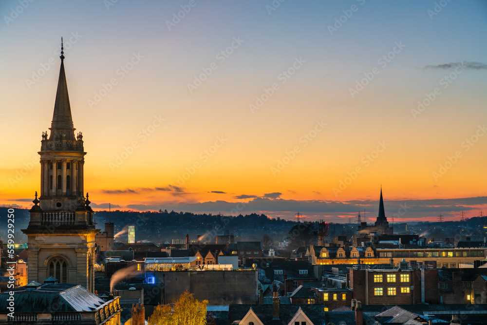 All Saints Church tower aerial sunset view in Oxford. England