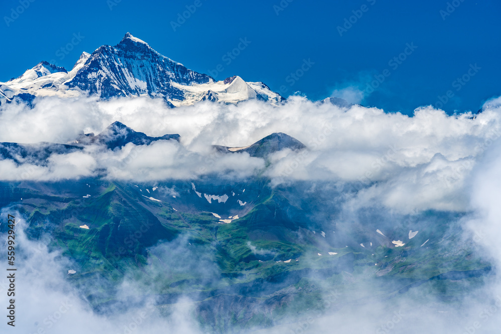 Switzerland 2022, Beautiful view of the Alps from Brienzer Rothorn. Yungfrau mountain.