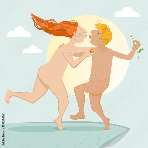 Adam and Eve, love, couple, paradise apple