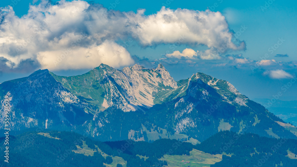 Switzerland 2022, Beautiful view of the Alps from Brienzer Rothorn. Pilatus.