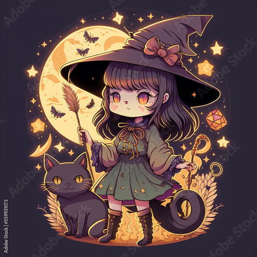 Chibi Cute Isolated Cartoon Cat Witch with Black Hat, Magic Wand, Stars,  Moon, Moths, Wheat, and Cat Familiar Pet. [Cute, Chibi, Kawaii Cartoon  Character. Vector Style. Graphic Novel, Video Game] Illustration Stock